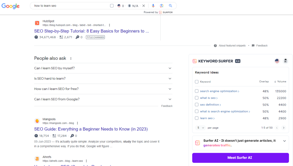 keyword surfer extention serp view